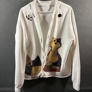 handmade women cardigan 2x white quilt patchwork cat cottage granny novelty